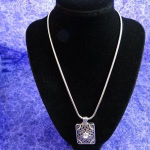 Brighton Silver Tone Deco Lace Crystal Rectangle Pendant 15"1/2" to 18" Necklace